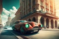 vintage car speeding through the city, with the buildings and people of the future in view