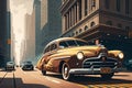 vintage car speeding down busy city street, with modern high-rises in the background Royalty Free Stock Photo