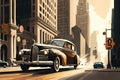 vintage car speeding down busy city street, with modern high-rises in the background Royalty Free Stock Photo