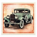 Vintage Car Postage Stamp Illustration With Vibrant American Scene Painting