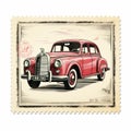 Vintage Postage Stamp With Old Car In Cartoon Realism Style