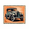 Vintage Car Stamp Vector - Detailed Portraitures In Orange And Indigo Royalty Free Stock Photo