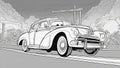 vintage car on the street black and white, coloring book page, _ A car with wheels