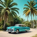 A vintage car in the style of the stands under palm trees on the Vintage color toning Royalty Free Stock Photo