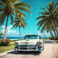A vintage car in the style of the stands under palm trees on the Vintage color toning Royalty Free Stock Photo