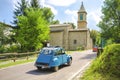 Vintage car travel italy countryside church