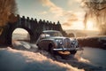 Vintage car in a winters countryside setting with snow and old castle ruins. - ai generated art Royalty Free Stock Photo