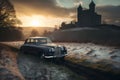 Vintage car in a winters countryside setting with snow and old castle ruins. - ai generated art Royalty Free Stock Photo