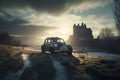 Vintage car in a winters countryside setting with snow and old castle ruins. - ai generated art Royalty Free Stock Photo