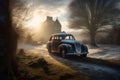 Vintage car in a winters countryside setting with snow and old castle ruins. - ai generated art Royalty Free Stock Photo