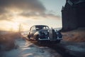 Vintage car in a winters countryside setting with snow and old castle ruins. - ai generated art Royalty Free Stock Photo