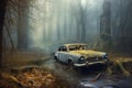 vintage car wreck in misty forest setting