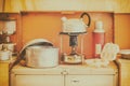 Vintage caravan kitchen interior with stove and kettle Royalty Free Stock Photo