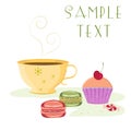 Vintage card featuring cup of tea, cherry cupcake