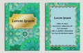 Vintage card with green floral mandala pattern and ornaments. Vector oriental designed front page and back page. Islamic