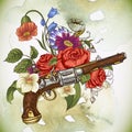 Vintage card with a gun and flowers