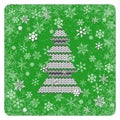 Vintage card. Knitting. Christmas tree. Snowflakes background. White elements, green background, frame Royalty Free Stock Photo