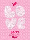 Vintage card, lace letters LOVE on pink background with hearts.