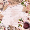 Vintage Card With Old Paper, Letters With Coffee Or Tea Cup, Flowers, Hand Written Text, Keys. Retro Design In French