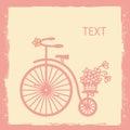 Vintage card with old style bicycle silhouette and flowers in wicker basket. Vector graphic illustration of vintage bike on Royalty Free Stock Photo