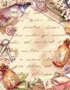 Vintage card, retro design. Old paper, feathers, sea shells, glass bottles, flowers, letters, watercolor feathers, keys