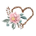 Vintage card for Valentine`s Day. A heart made of rusty wire and a bouquet of delicate flowers. watercolor illustration