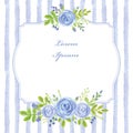 Vintage card.Watercolor blue rose,strips,label