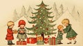 vintage card x\'mas christmas tree children with gifts, ai