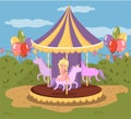 Vintage carousel with horses, amusement park vector Illustration Royalty Free Stock Photo