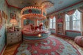 Vintage carousel-themed childrens bedroom with merry-go-round horses and carnival lights. Royalty Free Stock Photo