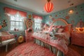 Vintage carousel-themed childrens bedroom with merry-go-round horses and carnival lights. Royalty Free Stock Photo