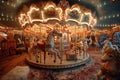 Vintage carousel-themed childrens bedroom with merry-go-round horses and carnival lights. Royalty Free Stock Photo
