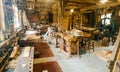Vintage carpentry workshop with many tools Royalty Free Stock Photo