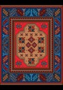 Vintage carpet with ethnic ornament in red and blue colors