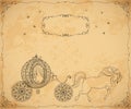 Vintage carriage with horse and frame with floral ornament on aged paper background. Royalty Free Stock Photo