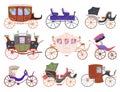 Vintage carriages flat icons set. Retro transport. Horse-drawn carriages for wedding, quinceaneras and special events