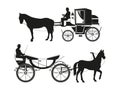 Vintage carriages with horses. Vector pictures of retro fairytale transport