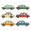 Vintage cars collection colorful handdrawn style. Classic automobiles different models designs