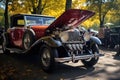 vintage cars engine revving, with hood open, ready to start the race