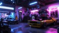 Vintage cars in a neon-lit garage with memorabilia. Digital illustration.