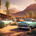 vintage cars parked in a row creating a nostalgic scene against the backdrop of a desert oasis