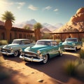 vintage cars parked in a row creating a nostalgic scene against the backdrop of a desert oasis