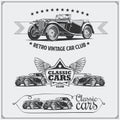 Vintage cars set. Retro cars garage. Classic muscle cars labels, emblems and design elements. Royalty Free Stock Photo