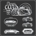 Vintage cars set. Retro cars garage. Classic muscle cars labels, emblems and design elements. Royalty Free Stock Photo