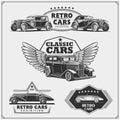 Vintage cars set. Retro cars garage. Classic muscle cars labels, emblems and design elements. Royalty Free Stock Photo