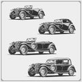 Vintage cars set. Retro cars garage. Classic muscle cars labels, emblems and design elements. Royalty Free Stock Photo