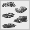 Vintage cars set. Retro cars garage. Classic muscle cars labels, emblems and design elements. Royalty Free Stock Photo