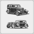 Vintage cars set. Retro cars garage. Classic muscle cars labels, emblems and design elements. Royalty Free Stock Photo