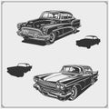 Vintage cars set. Retro cars garage. Classic muscle cars labels, emblems and design elements. Royalty Free Stock Photo