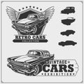 Vintage cars set. Retro cars garage. Classic muscle cars labels, emblems and design elements. Royalty Free Stock Photo